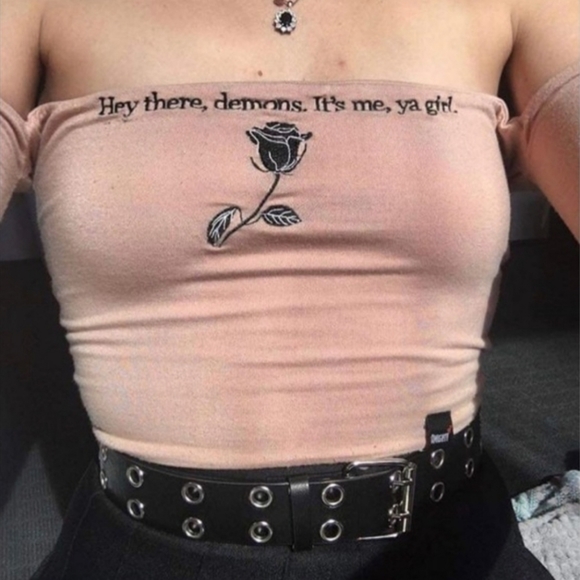 omighty Tops - OMIGHTY Nude Off The Shoulder "Hey There Demons, It's Me" Long Sleeve Crop Top